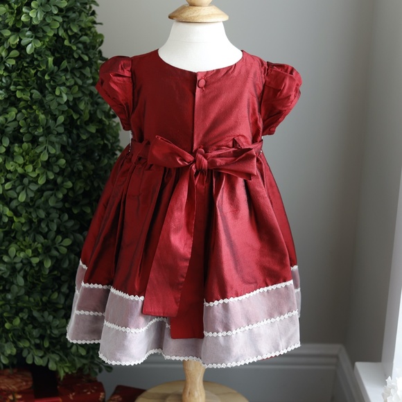 Girl's Red Shantung Silk Dress 18/24 Month Ivory Trim Special Occasion Portrait - Picture 6 of 8